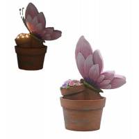 Resin Garden Pink Butterfly on Flower Pot with Solar Light