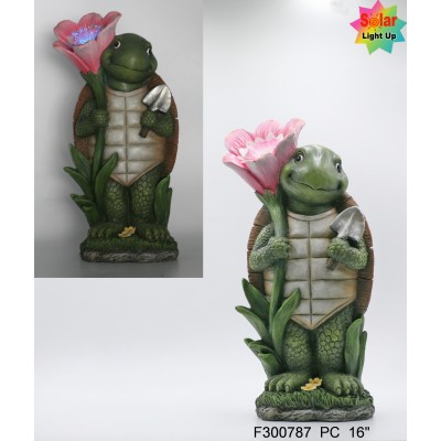 16" Polyresin tortoise with flower with solar light