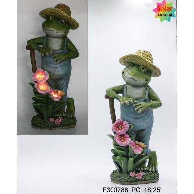 16.25" Polyresin frog with flower with solar light